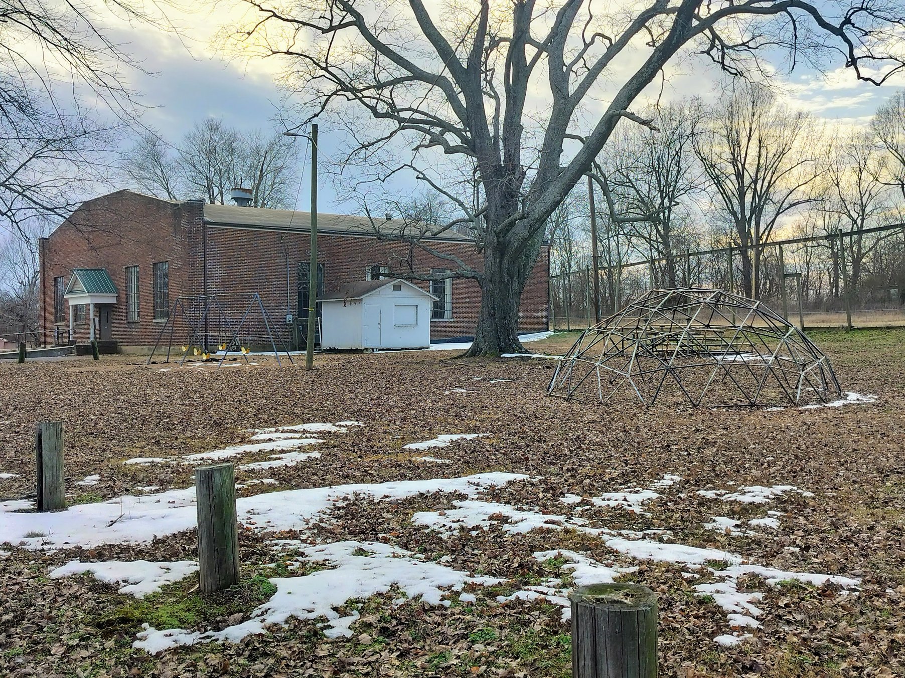 Park view with community center building
